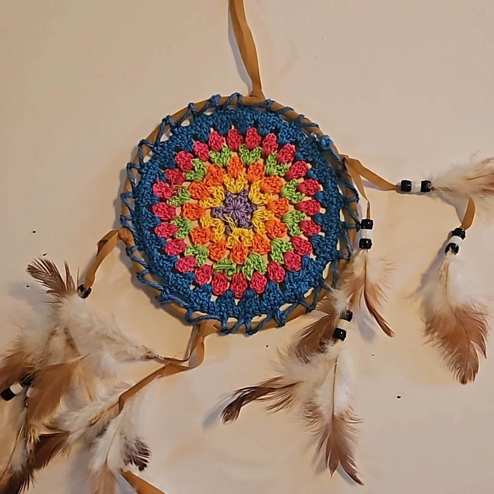 Hand Crafted crochet dreamcatcher multicolored floral eclectic textile decor